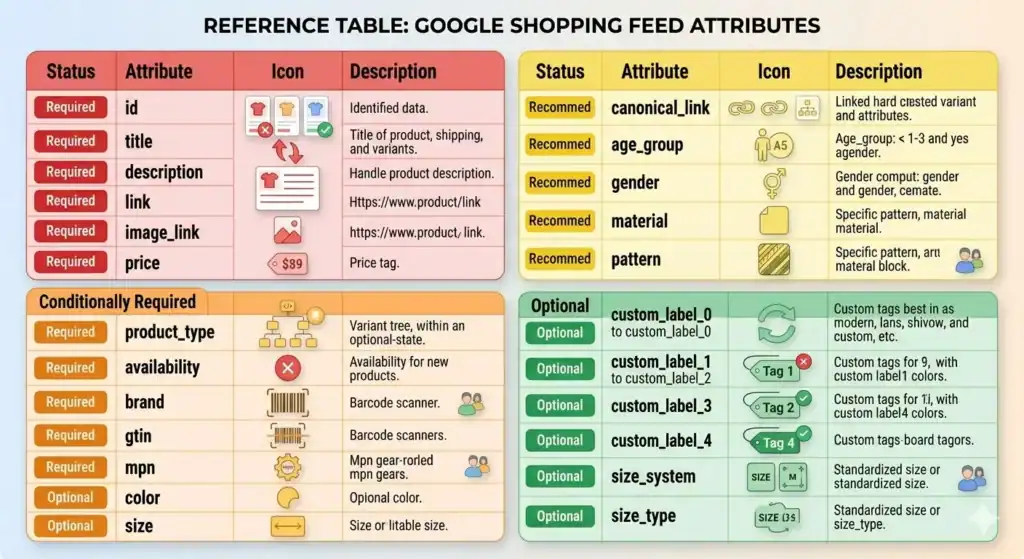 Πίνακας αναφοράς χαρακτηριστικών ροής Google Shopping που δείχνει υποχρεωτικά, υπό όρους υποχρεωτικά, συνιστώμενα και προαιρετικά πεδία όπως τίτλος, περιγραφή, GTIN, μάρκα, διαθεσιμότητα, προσαρμοσμένες ετικέτες και χαρακτηριστικά μεγέθους, με εικονίδια και περιγραφές για κάθε τύπο χαρακτηριστικού.