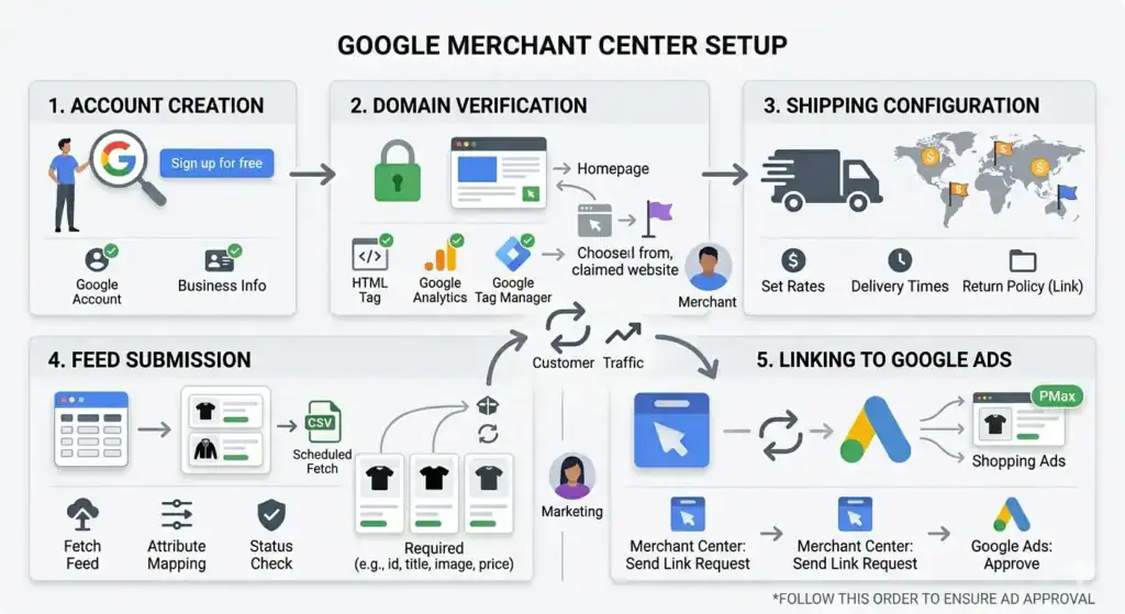 Διάγραμμα ρύθμισης Google Merchant Center βήμα προς βήμα που δείχνει τη δημιουργία λογαριασμού, την επαλήθευση τομέα, τη διαμόρφωση αποστολής, την υποβολή ροής προϊόντων και τη σύνδεση του Merchant Center με το Google Ads για καμπάνιες Αγορών και διαφημίσεις Performance Max.
