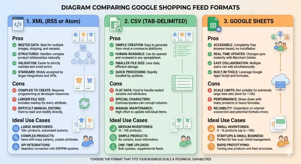 Infographic που συγκρίνει τις μορφές ροής Google Shopping: XML, CSV και Google Sheets, συμπεριλαμβανομένων των πλεονεκτημάτων, μειονεκτημάτων και ιδανικών περιπτώσεων χρήσης για διαφορετικά μεγέθη ηλεκτρονικών καταστημάτων και ανάγκες αυτοματοποίησης.