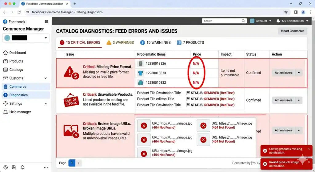 Στιγμιότυπο οθόνης του Facebook Commerce Manager Catalog Diagnostics που δείχνει κοινά σφάλματα ροής προϊόντων, συμπεριλαμβανομένων ελλείψεων μορφών τιμών, μη διαθέσιμων προϊόντων, σπασμένων URL εικόνων και προβλημάτων καταλόγου που επηρεάζουν τις δυναμικές διαφημίσεις του Facebook.