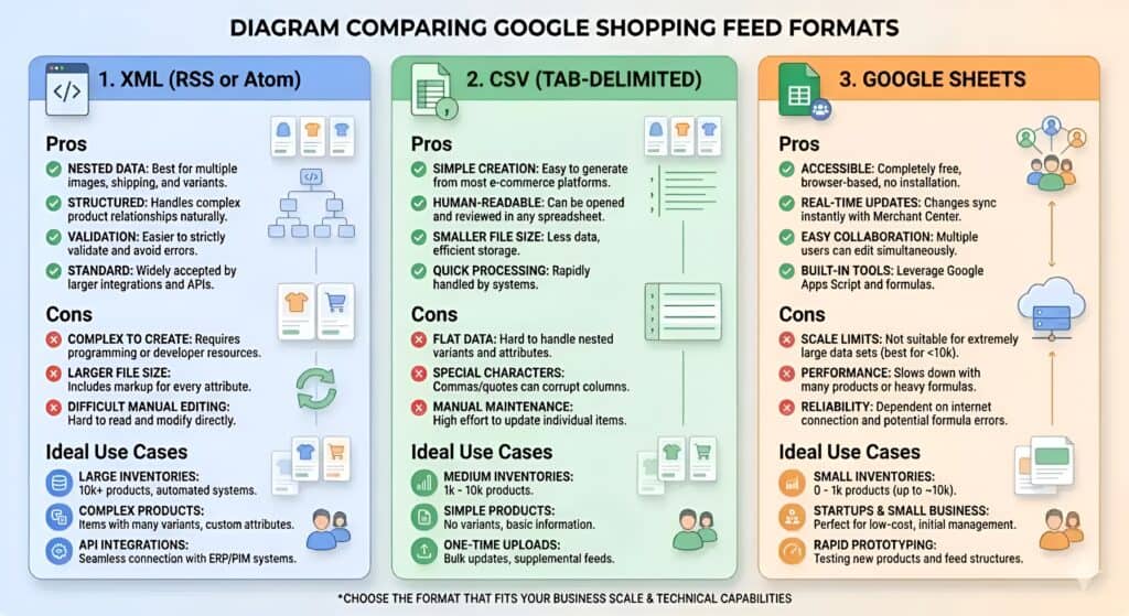 Infographic που συγκρίνει τις μορφές ροής Google Shopping: XML, CSV και Google Sheets, συμπεριλαμβανομένων των πλεονεκτημάτων, μειονεκτημάτων και ιδανικών περιπτώσεων χρήσης για διαφορετικά μεγέθη ηλεκτρονικών καταστημάτων και ανάγκες αυτοματοποίησης.