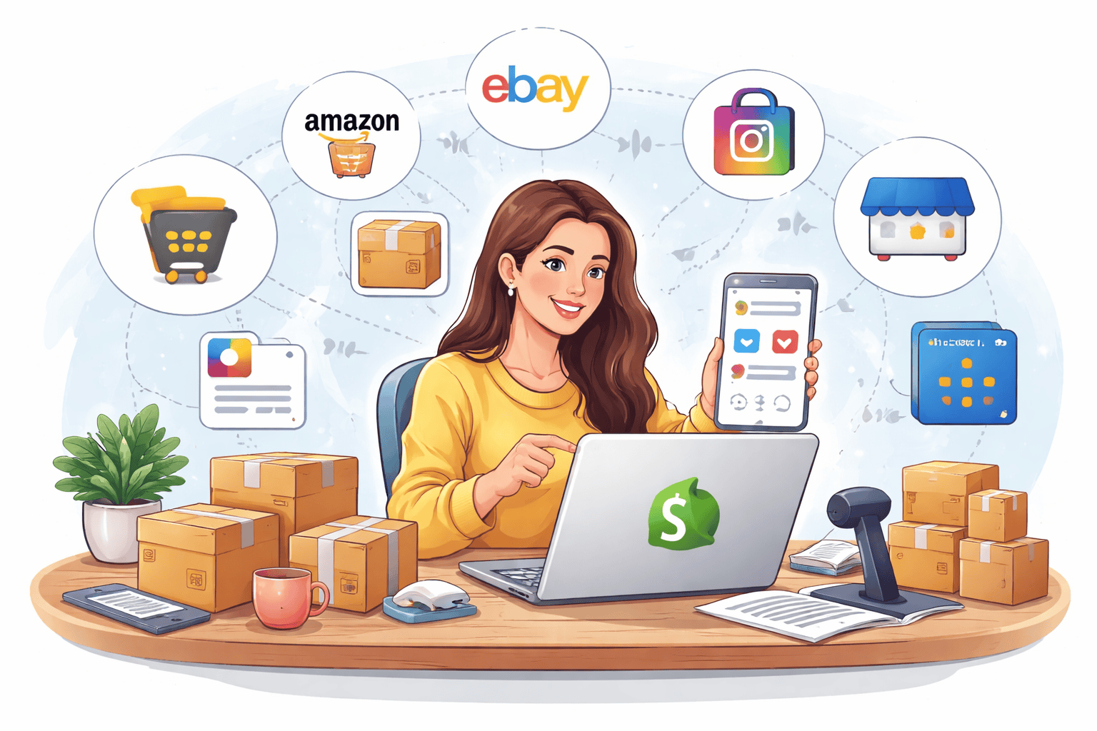 Shopify merchant managing multichannel ecommerce sales across Amazon, eBay, Instagram and online marketplaces with centralized inventory, orders and AI-powered automation